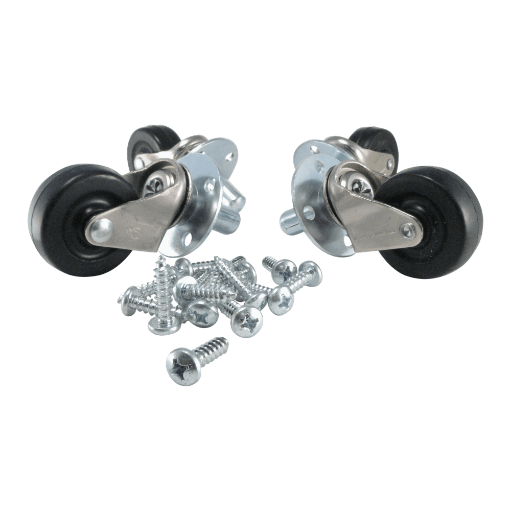 A set of four metal casters with black rubber wheels and accompanying mounting hardware.
