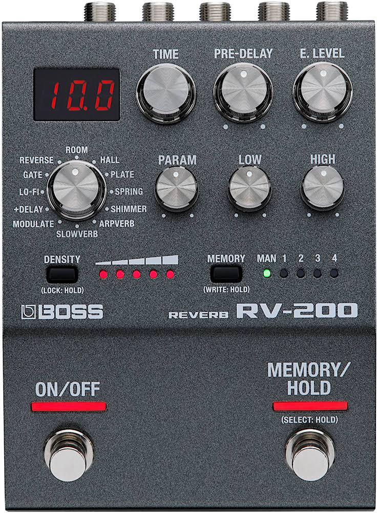 An image of BOSS RV-200 200 Series Reverb Effects Pedal, featuring various control knobs and switches on the front panel with a digital display.