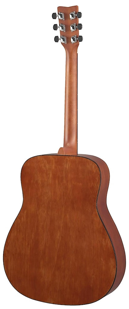 Back view of a wooden acoustic guitar on a white background