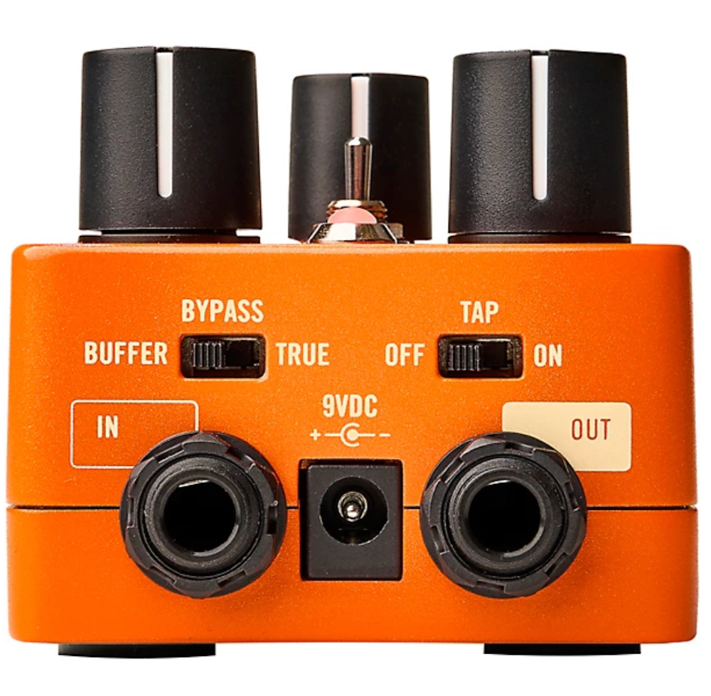 Orange guitar effects pedal with various connectors and labels on a white background