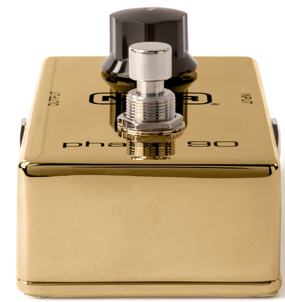 Gold guitar effects pedal with 'phase 90' branding on a white background