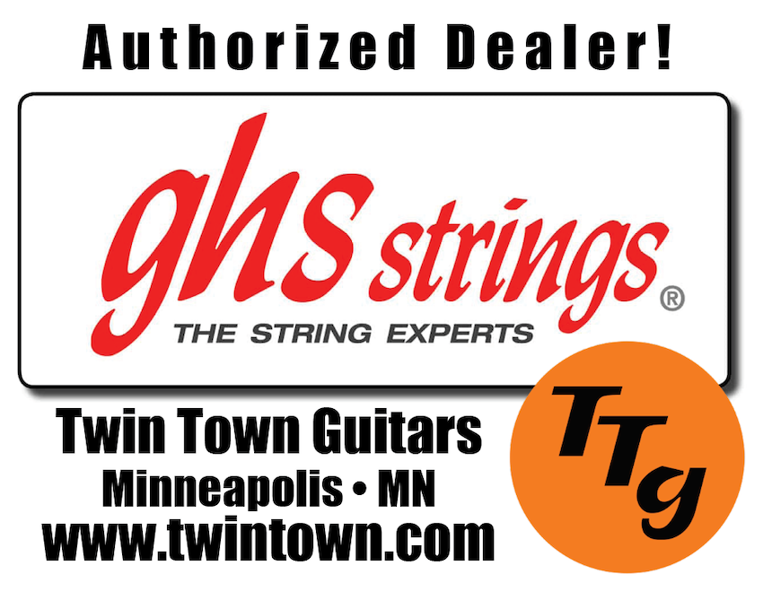 Advertisement for ghs strings and Twin Town Guitars with brand logos and contact information.