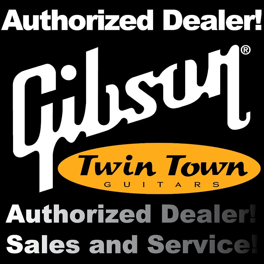 Gibson Twin Town Guitars Authorized Dealer sign on a black background