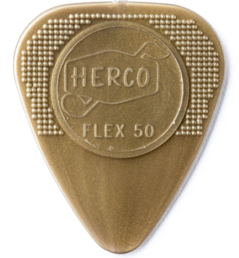 Gold guitar pick with 'HERCO' branding on a white background