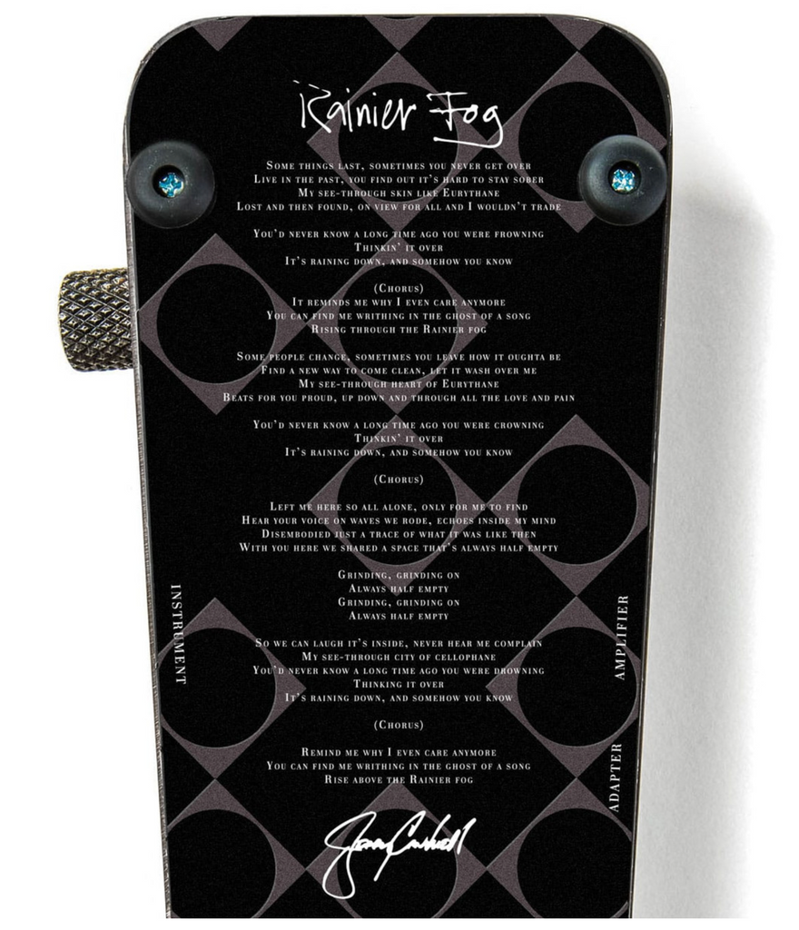 Black guitar pedal with text and branding on a white background