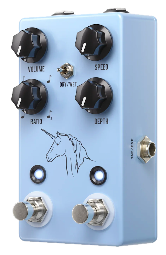 Blue guitar effects pedal with black and silver knobs and a unicorn illustration on a white background