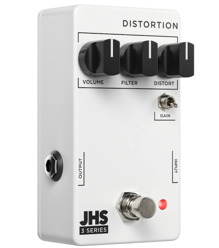 A white JHS Pedals 3 Series Distortion Effects Pedal with knobs for volume, filter, distortion, and gain, and a red footswitch  at Twin Town Guitars in Minneapolis Minnesota
