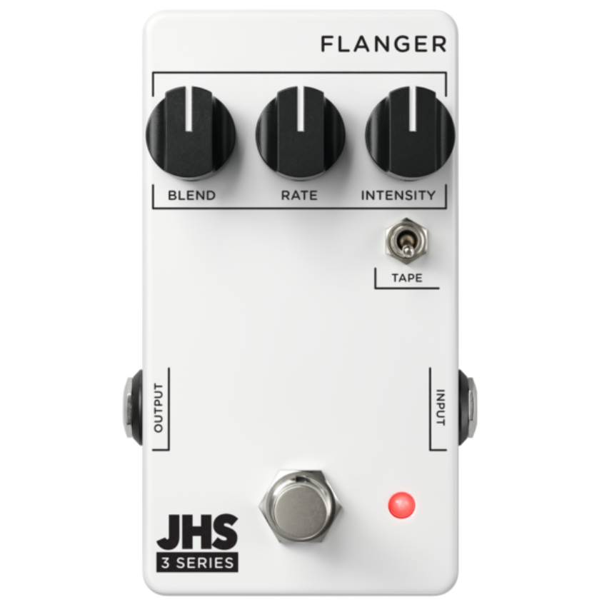 A JHS Pedals 3 Series Flanger Effect Pedal with knobs for blend, rate, and intensity, and a switch labeled 'Tape'. The pedal is pedal is silver and black with the JHS Pedals logo at the bottom, JHS Pedals 3 Series Flanger Effect Pedal