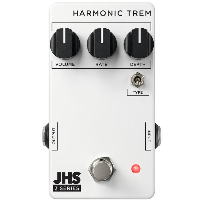 A JHS Pedals 3 Series Harmonic Tremolo Effects Pedal with knobs for volume, rate, and depth, and a toggle switch for the type of effect.