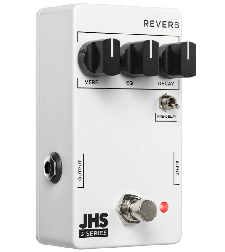 JHS Pedals 3 Series Reverb Effects Pedal, with knobs for verb, EQ, and decay, and a pre-delay knob. The pedal is white with black knobs and the JHS logo on the front. JHS Pedals 3 Series Reverb Effects Pedal at Twin Town Guitars in Minneapolis Minnesota 