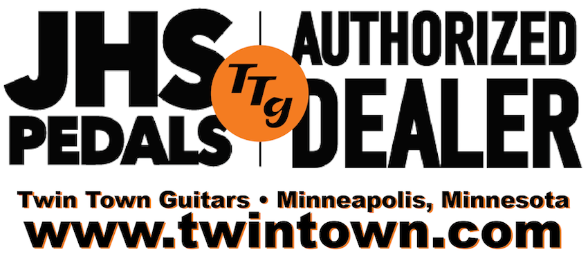 Logo for JHS Pedals Authorized Dealer at Twin Town Guitars with contact information.