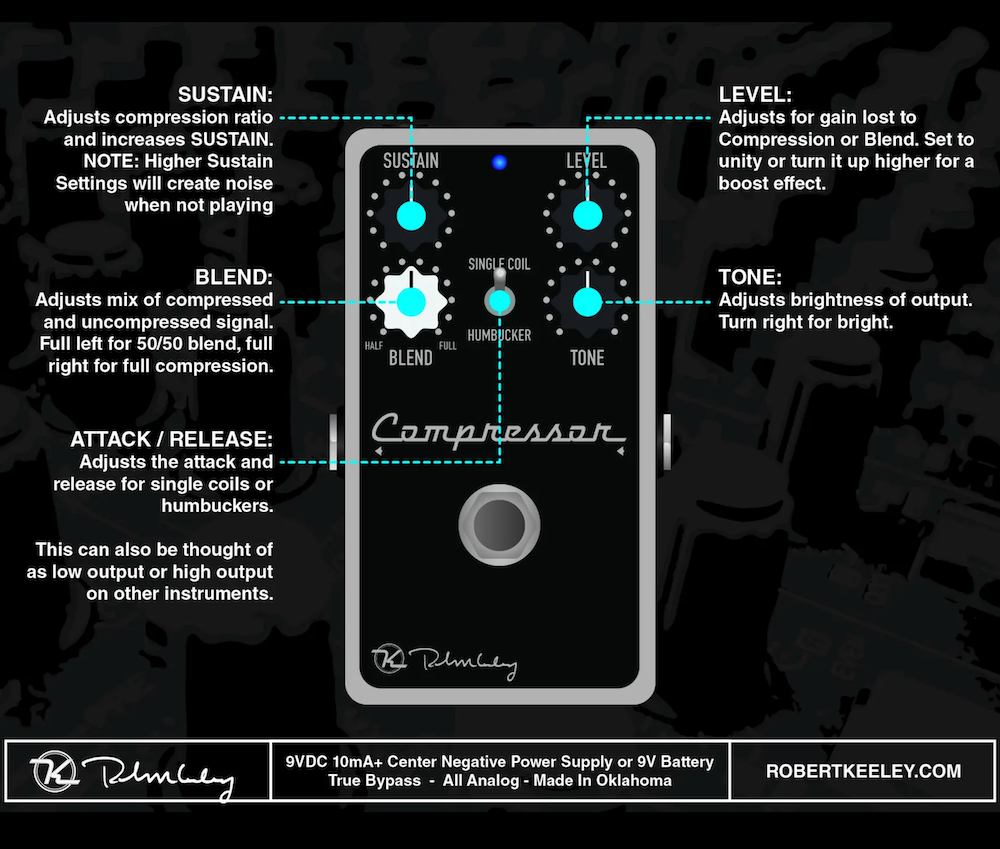 Compressor pedal with labeled controls on a dark background