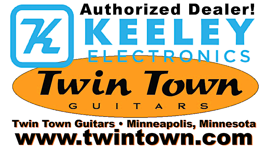 Keeley Electronics logo with 'Twin Town Guitars' branding and contact information.