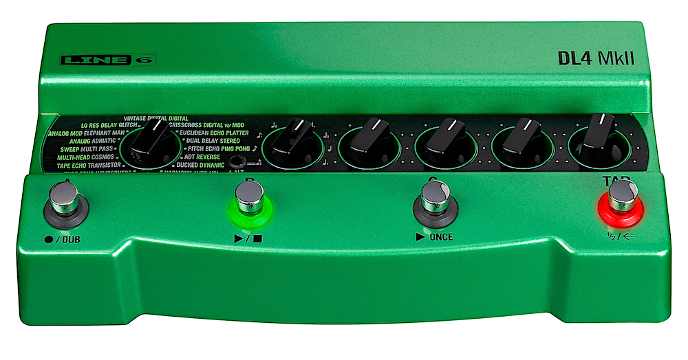 Green Line 6 DL4 MkII effects pedal with control knobs and buttons on a white background