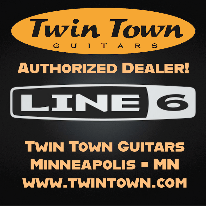 Advertisement for Twin Town Guitars and Line 6 on a black background