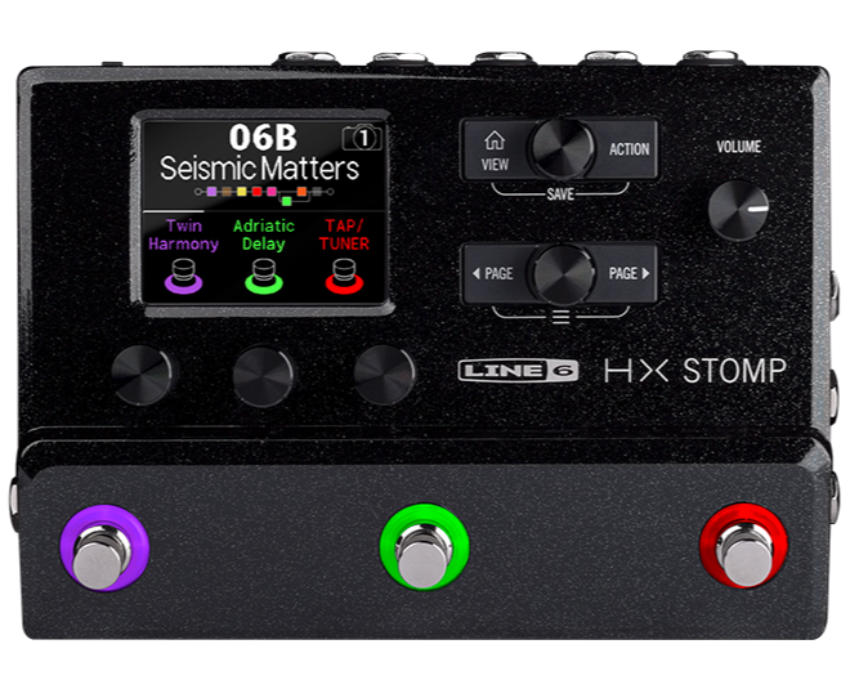 Line 6 HX Stomp Multi-Effect Pedal with a black body, featuring knobs, buttons, and a digital display.