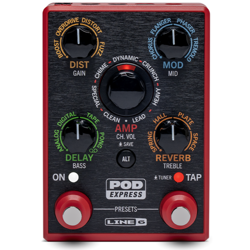 Line 6 POD Express guitar amp and effects processor with knobs and buttons on the front panel, primarily red and black in color.