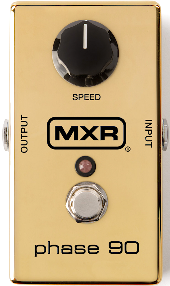 Gold MXR phase 90 guitar effects pedal with a black knob and label on a white background