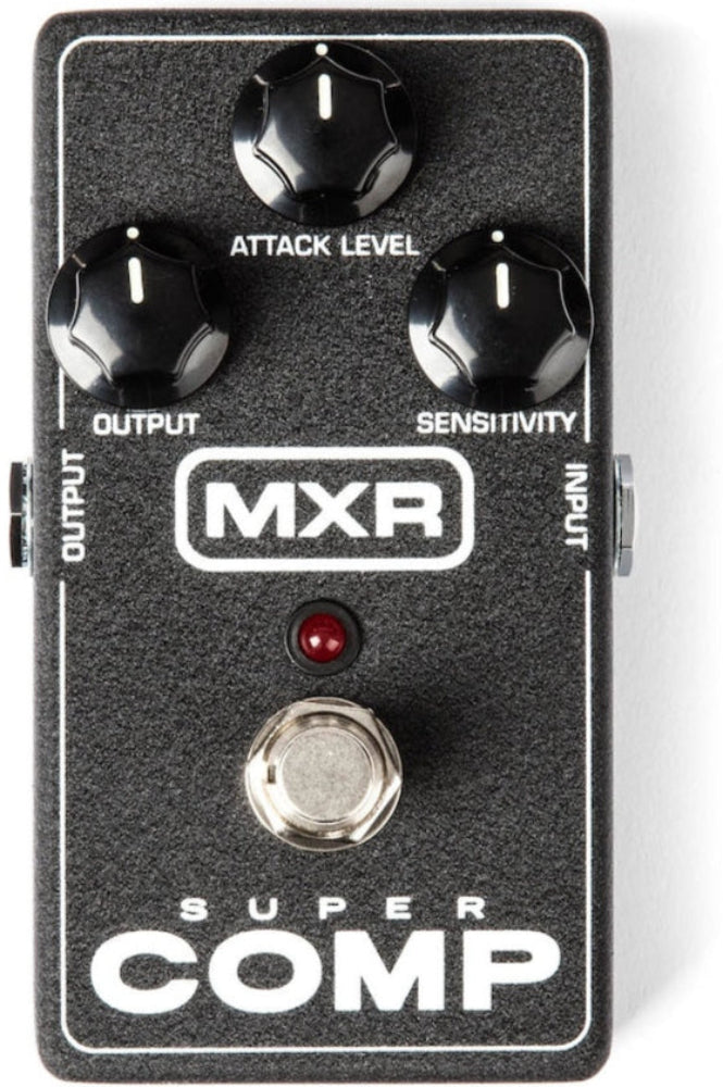 MXR M132 Super Comp Compressor Effects Pedal with knobs for output, attack level, sensitivity, and input, on a black background.