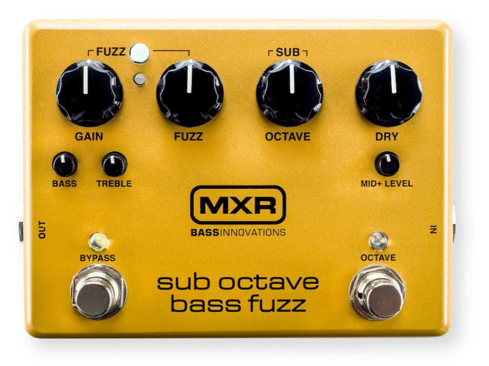 MXR M287 Sub Octave Bass Fuzz effects pedal with knobs for gain, bass, treble, fuzz, octave, and dry settings, on a yellow background.
