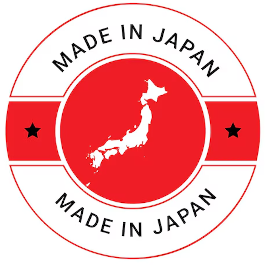Logo with 'Made in Japan' text and a map of Japan on a red background