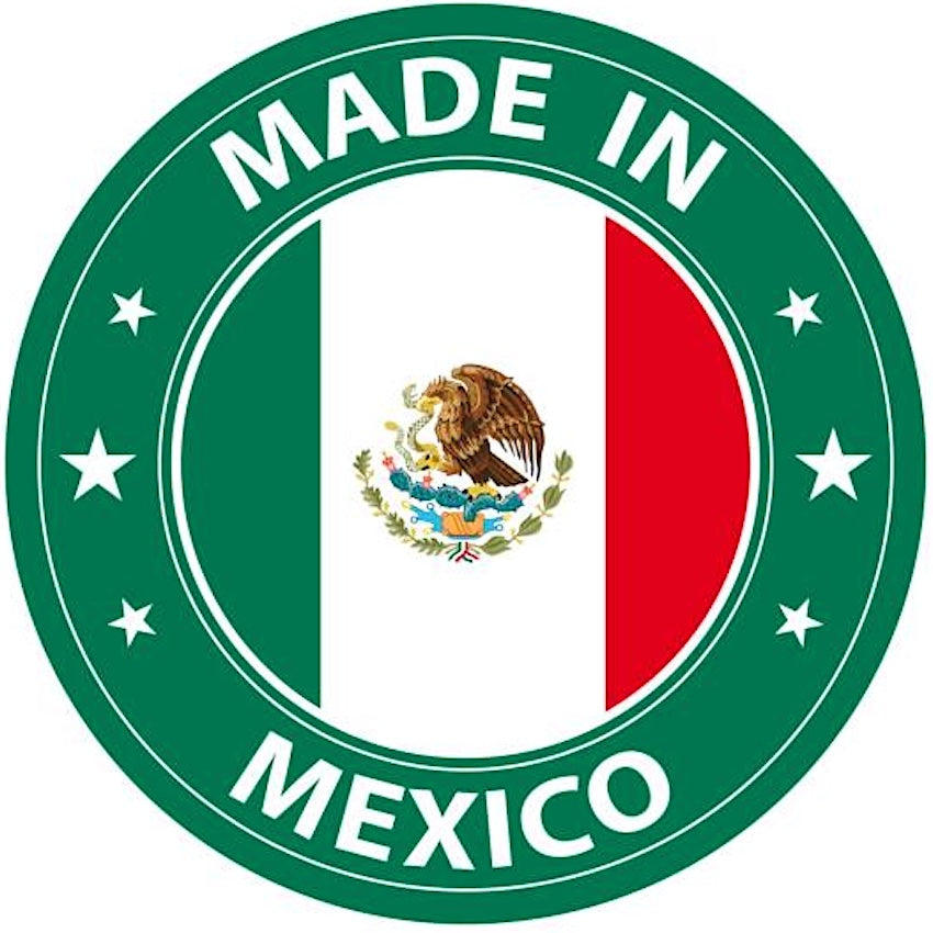 Circular emblem with 'Made in Mexico' text and Mexican flag design on a white background