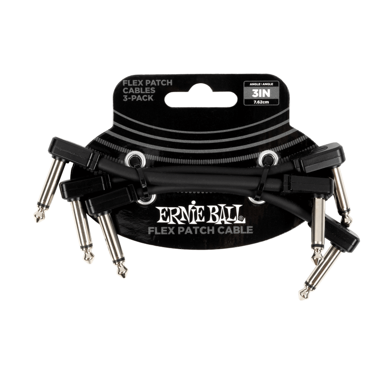 Ernie Ball flex patch cables in packaging on a black background