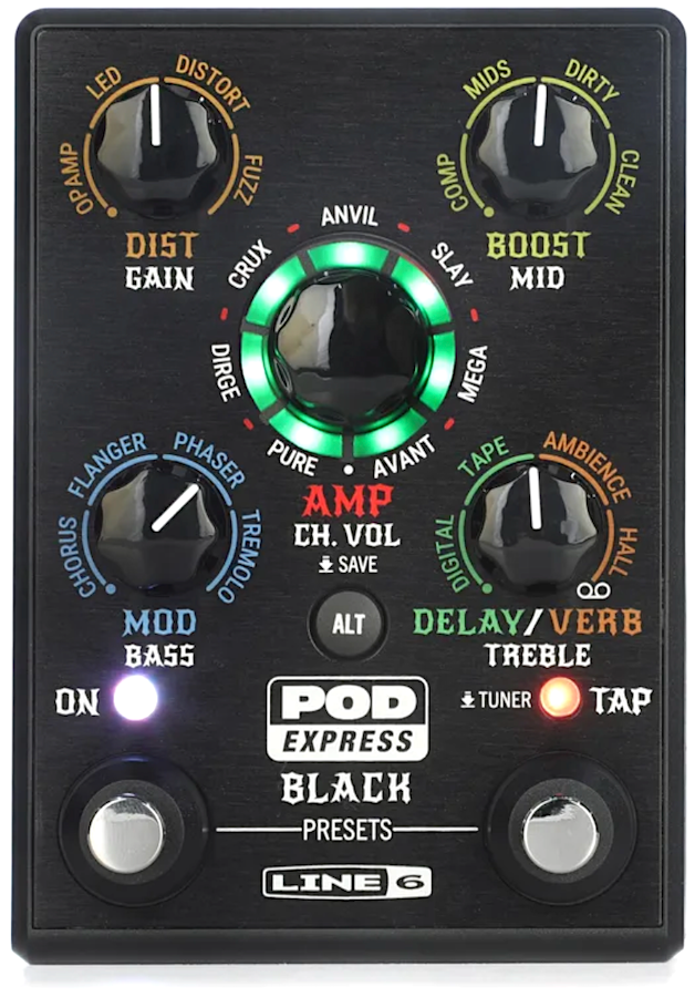 Guitar effects pedal with various knobs and lights on a black background