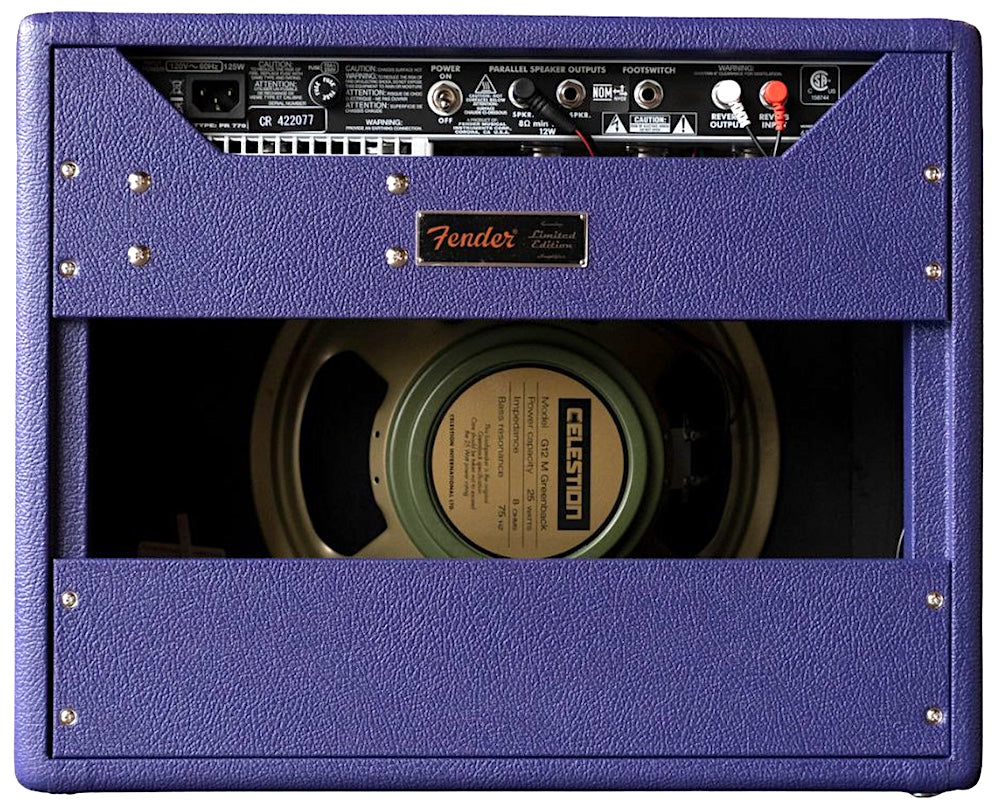 Purple Fender guitar amplifier with visible brand logo