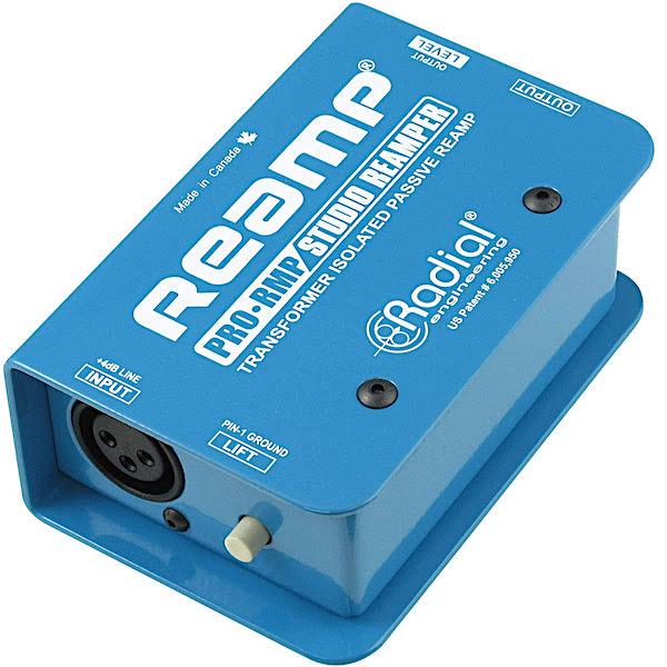 A blue Radial Engineering ProRMP Passive Re-Amping Box, featuring input and output ports for audio equipment.