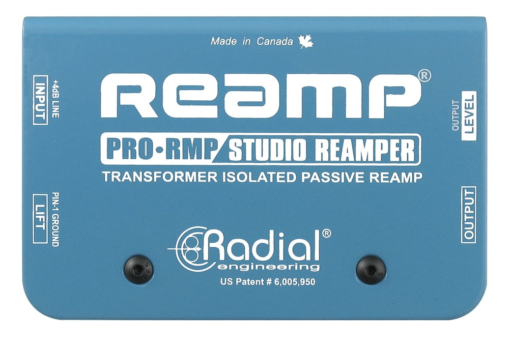 Blue Radial Reamp device with branding and product details on a white background