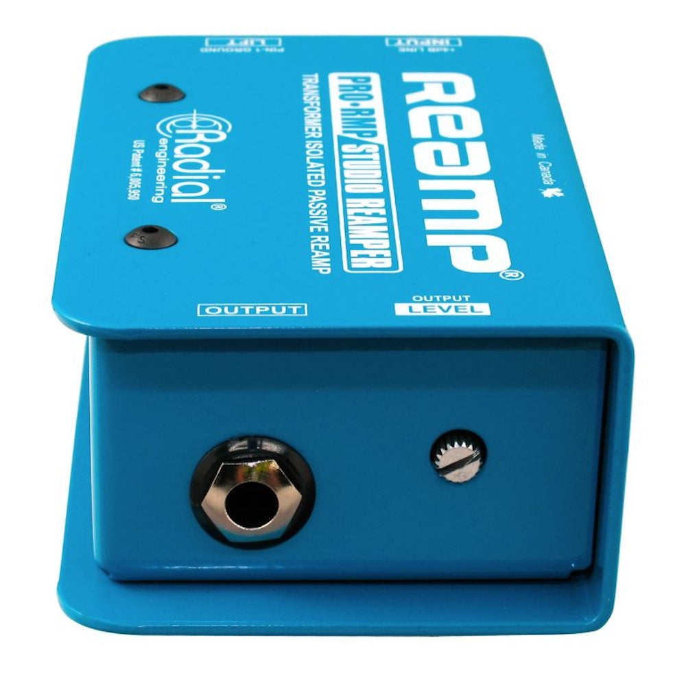 Blue audio pedal with Radial and Reamp branding on a white background