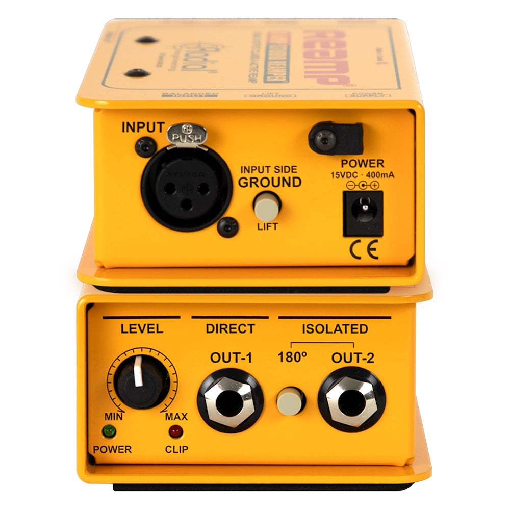 Yellow audio interface with control knobs and labels on a white background, Radial X-Amp Studio Reamplifier  at Twin Town Guitars in Minneapolis Minnesota 