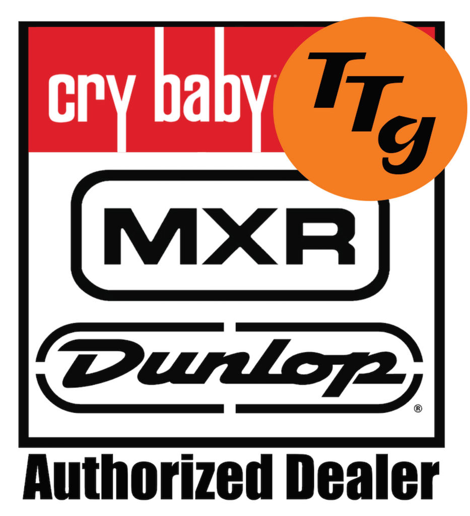 Logos of Cry Baby, MXR, Dunlop, and TTG on a white background