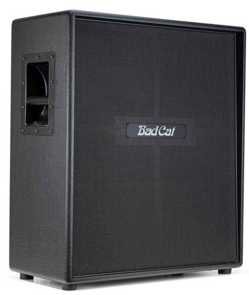 Black guitar amplifier cabinet with 'Bad Cat' branding on a white background