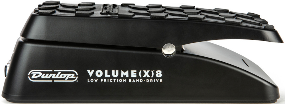Black Dunlop volume pedal with 'Volume (X)8' text on a white background
