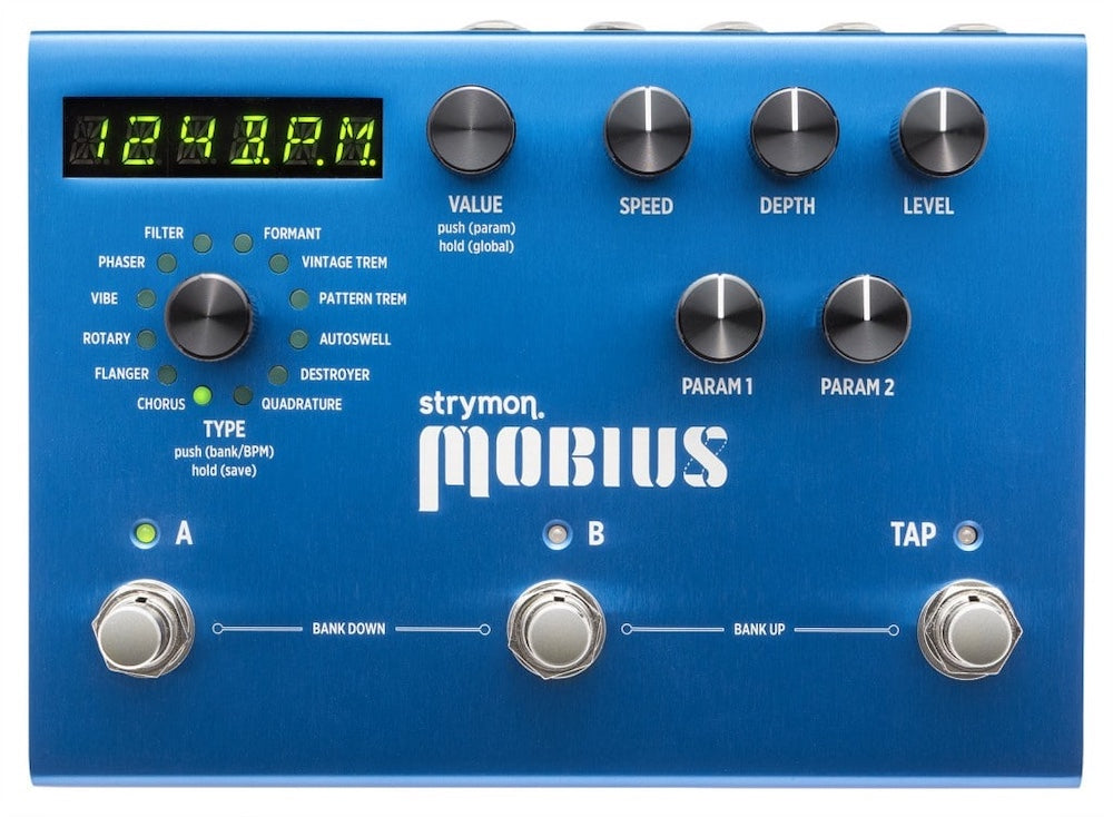 Strymon Mobius effects pedal with blue faceplate and various controls.