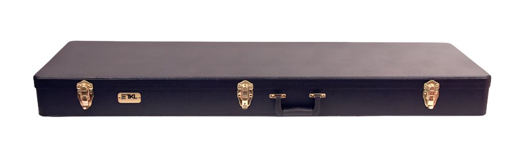 A black TKL hardshell electric bass case with a plush interior, designed for Thunderbird-style bass guitars at Twin Town Guitars in Minneapolis, Minnesota