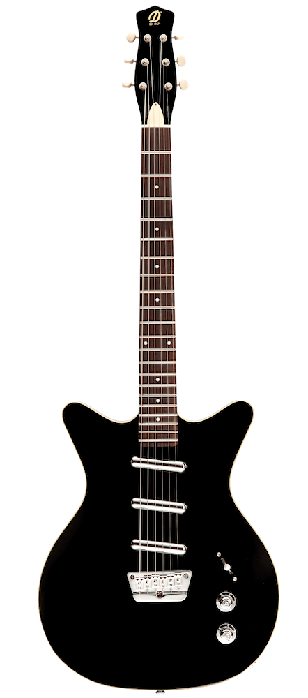 Black electric guitar on a white background