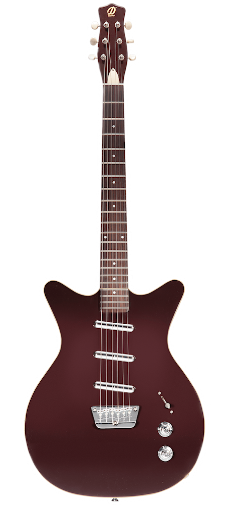 Electric guitar with a maroon finish on a white background