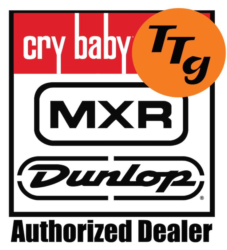 Logos of Cry Baby, MXR, Dunlop, and TTG on a white background