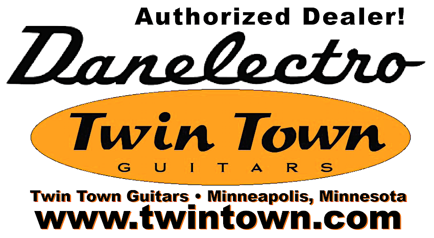 Danelectro Twin Town Guitars authorized dealer logo with contact information.