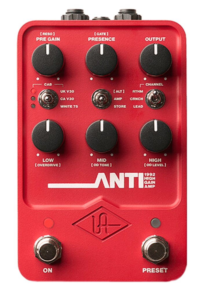 Red guitar effects pedal with various knobs and labels on a white background