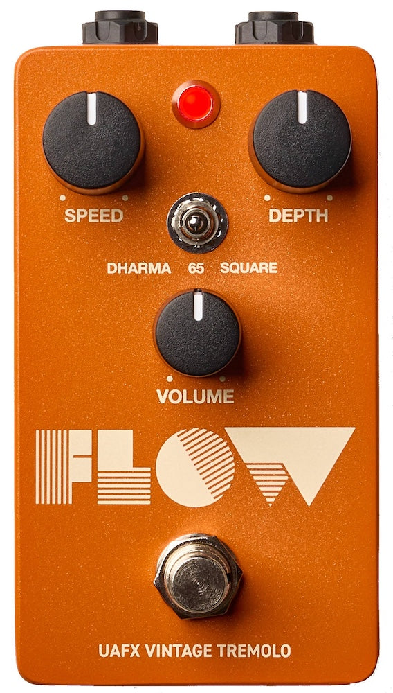 Orange guitar effects pedal with 'Flow' branding and control knobs.