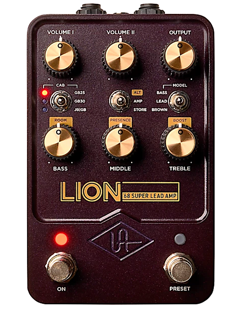 Guitar effects pedal with gold knobs and 'LION' branding on a white background
