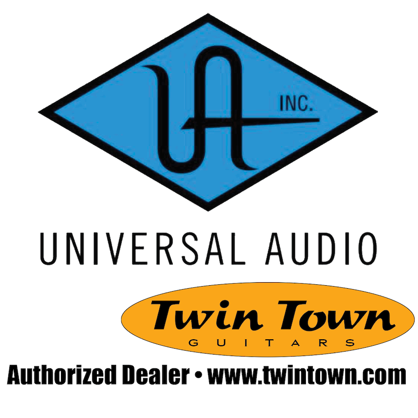 Logos of Universal Audio and Twin Town Guitars on a white background