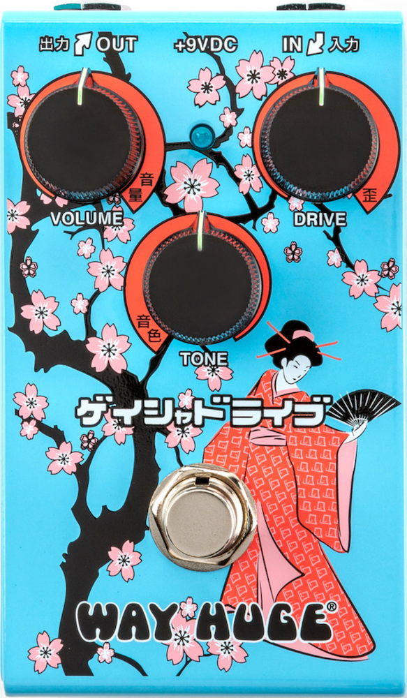 Way Huge effects pedal with cherry blossom design and geisha illustration on a blue background