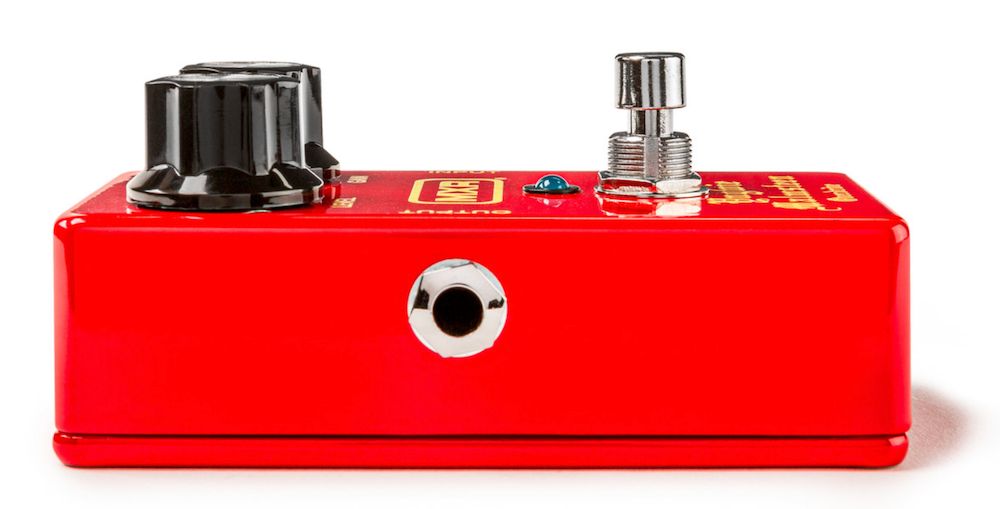 Red guitar effects pedal with black and silver components on a white background