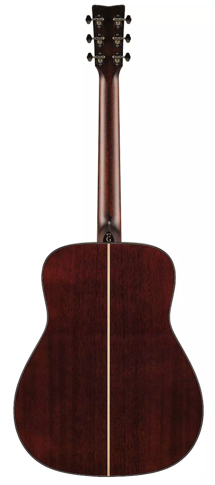 Acoustic guitar with a dark brown finish on a white background