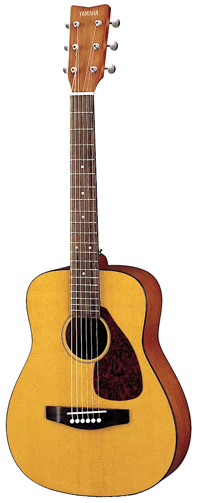Acoustic guitar with a wooden body and neck on a white background